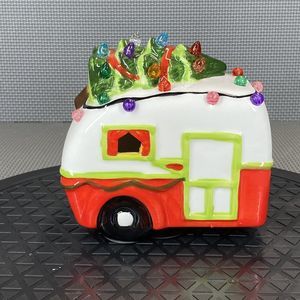 Retro Ceramic Christmas RV Camper Trailer Red Lights Up Retro AA Battery Power